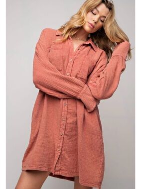 Easel Oversized Button-Front Shirt Dress Shacket in Dusty Coral Size 1X